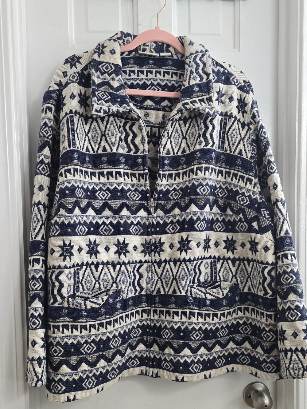 Vintage Southwestern Tapestry Zip-Up Jacket | Blue & White Aztec Geometric Patte